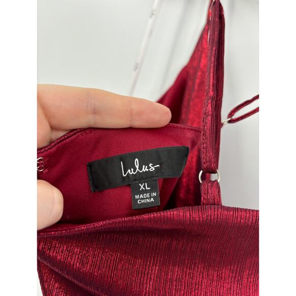 Lulus Dress Womens XL Glamorous Delight Metallic Lurex Tulip Mini Red Surplice - Picture 5 of 7
